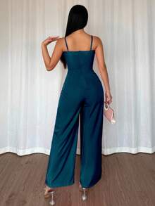 Breezaya 女士时尚日常百搭V领无袖收腰开衩下摆连体裤 - 水鴨藍 - 查看 3