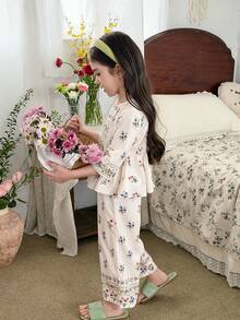 LMoss Kids 女童碎花圆领长袖上衣和裤子套装 - 白色 - 查看 3