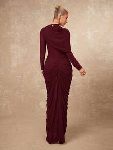 Lumalex 不对称金属装饰网纱柔软飘逸褶皱腰部修身长袖连衣裙（女款）