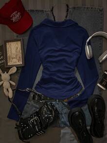 Attitoon Casual Retro Style, Minimalist Style, College Style Black NY Letter Placement Print Pattern, NY Logo Pattern, Women's Casual Fashion Print Polo Collar, Versatile Long Sleeve T-Shirt, Suitable For Autumn/Winter, Airport Outfit Carnival - Navy Blue - View 2