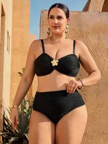 Swim Oasis Plus Size Women's 3-Piece Set, 2026 New Solid Color Black Fashion Vacation Daily Casual Sexy Detachable Strap High Waist Triangle Panty Sheer Mesh Skirt Metal Flower Decor Bikini High-End Swimsuit Set - Black - View 5