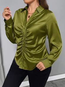Firerie 大码优雅纯色褶皱设计衬衫，派对服饰 - 綠色 - 查看 3