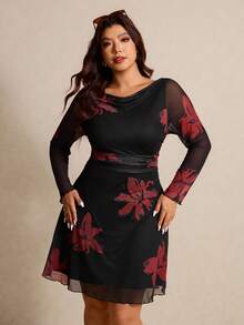 Elaquor Đầm dài tay cổ xếp ly in hoa dành cho nữ cỡ lớn, kiểu dáng thanh lịch. - màu đen - Xem 3