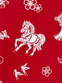 SWAVVY 男士紅金馬圖案鈕扣襯衫，農曆新年夏季休閒短袖襯衫，家庭情侶套裝 - 紅色 - 查看 4