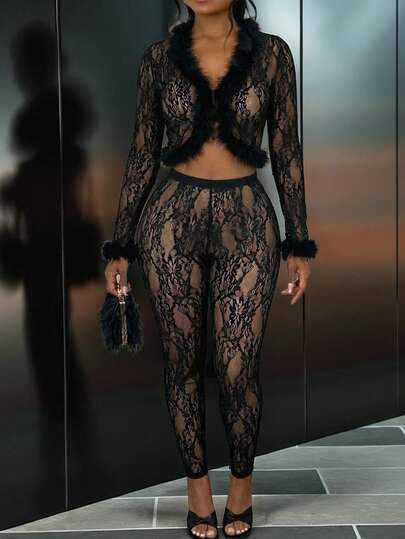 Slaydiva 2025 Autumn New Halloween Birthday Party Banquet College Style Student Daily Casual Cruise Travel Viral Streetwear Sexy Club Y2K Punk Racing Dark Aesthetic Motorcycle Inspired Deep V-Neck Long Sleeve Jacket With Openable Front, Paired With Tight Pants, Black Lace Sheer Effect, Women 2-Piece Set For Autumn/Winter