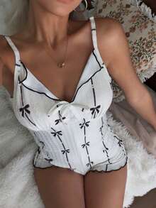 CottageSlumber 女士白色U领露背蝴蝶结设计连体睡衣 - 白色 - 查看 6