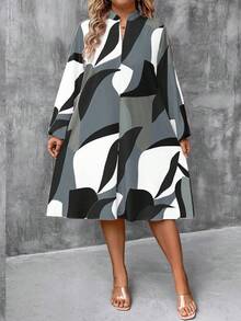 大码女式V领撞色休闲宽松度假灯笼袖连衣裙 - 灰色 - 查看 5