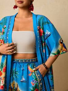 Travachic 大码女式印花短袖和服衬衫及短裤休闲两件套 - 藍色 - 查看 4