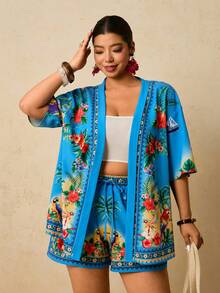 Travachic 大码女式印花短袖和服衬衫及短裤休闲两件套 - 藍色 - 查看 6