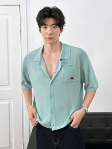 ESTAVOR 男士短袖单排扣休闲口袋针织开衫，时尚舒适 - 淺藍色 - 查看 3
