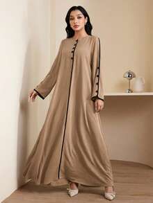 Veilorie Women's Round Neck Long Sleeve Button Design Loose Arabic Style Dress - Khaki - View 2