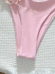 Swim Mod Bộ đồ bơi 2 mảnh, vải trơn màu bóng họa tiết hoa, áo ngực tam giác hở lưng và quần cắt cao, bộ bikini gợi cảm, xuân/hè - Màu Hồng baby - Xem 4