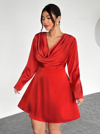 Firerie Vestido de fiesta y boda de invitada elegante y nuevo para mujer de talla grande, de tela de satén crepé, con cuello drapeado en pico, manga larga, vestido mini ajustado, moda de otoño, vestido de invitada de boda para mujer, atuendos para salir