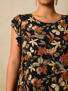 SHEIN VCAY 大码女式碎花圆领荷叶袖休闲连衣裙 - 黑色 - 查看 4