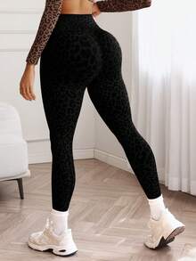 Slayform 1件装女士无缝性感豹纹修身跑步健身瑜伽运动七分紧身裤 - 黑色 - 查看 2