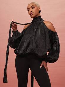 Vixey Rhinestone Embellished Organza Cold Shoulder Balloon Sleeve & Hem Scarf Top - Black - View 2