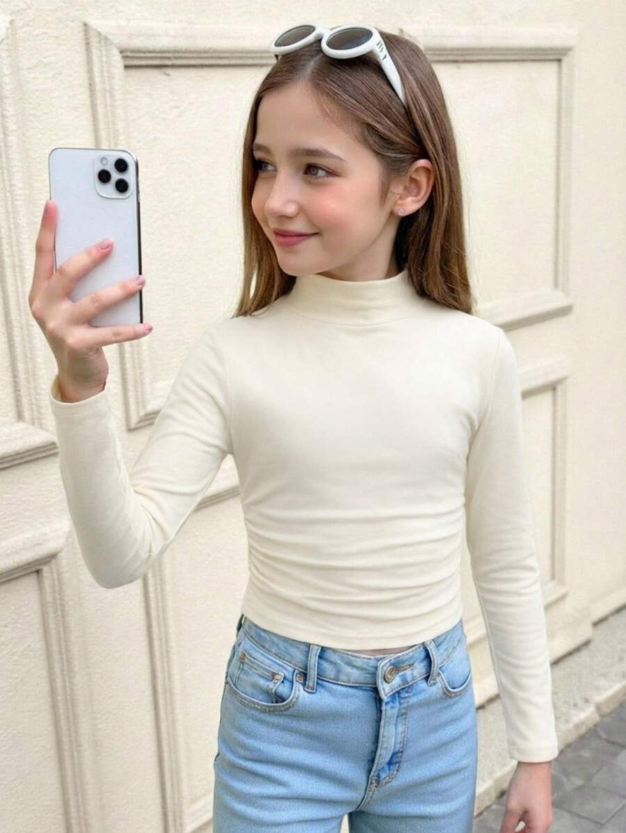 SHEIN Serisse Kids Tween Girl Neck Ruched Basics Solid Color Knit Tee,Great For Casual & Daily Wear & School Daily In Autumn & Winter - Apricot - View 1