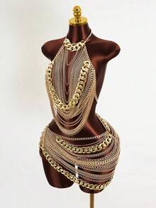 Mistrie Women's Sexy See-Through Chain Rhinestone 2 Pieces Set, Autumn/Winter - Gold - View 7