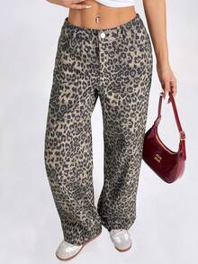 SHEIN PETITE 女士豹纹简约日常长裤 - 棕色 - 查看 7