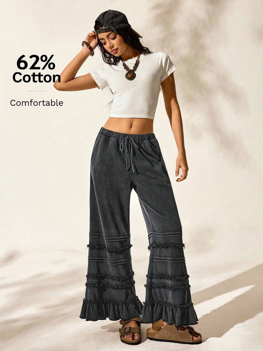 Easelle Pantalones cortos sueltos y acampanados de verano informales y de vacaciones, lavado desgastado negro, para mujeres - Negro - Ver 1