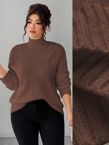 Elenzga pull femme grande taille col V couleur unie, hiver - Marron - Voir 1