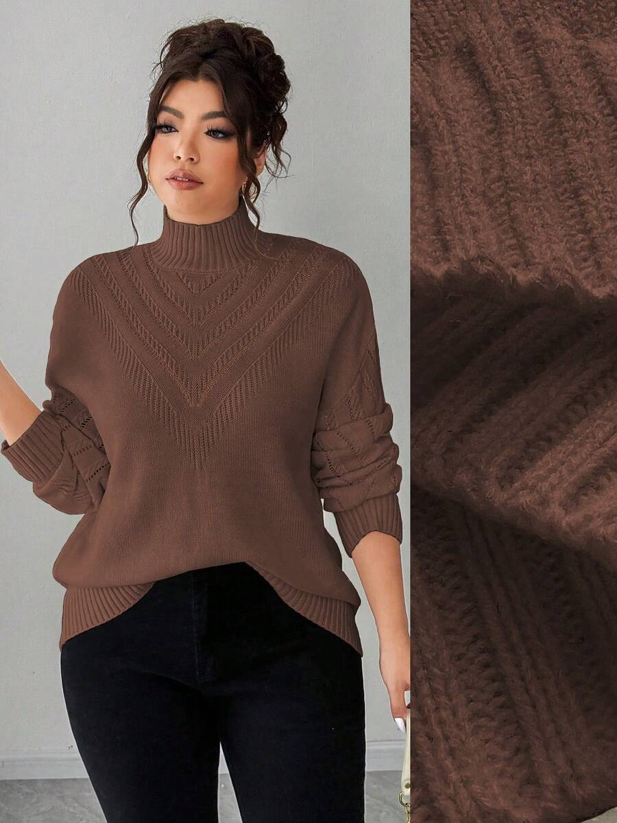 Elenzga pull femme grande taille col V couleur unie, hiver - Marron - Voir 1