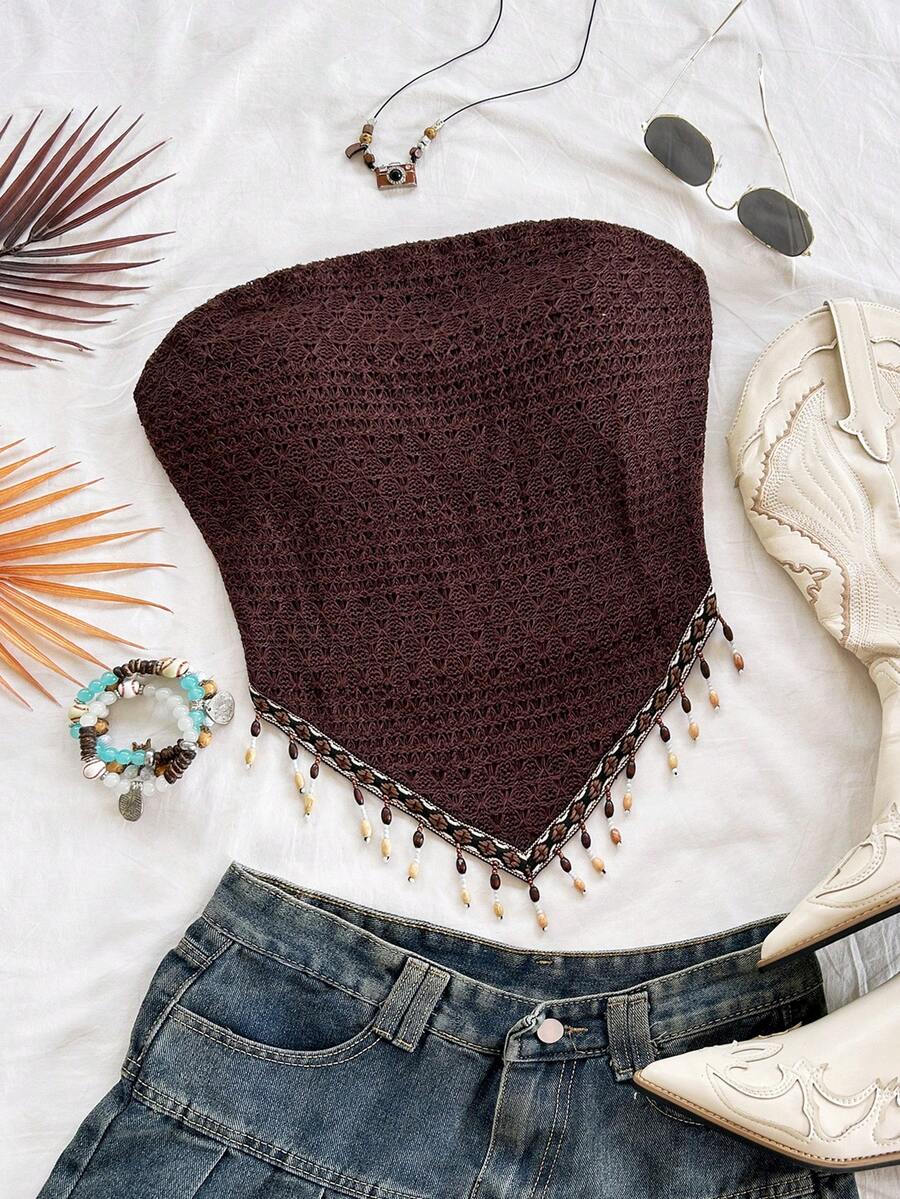 Soleia Women's Vacation Knit Tube Top With Retro Print, Beaded Chain Accent, Suitable For Party, Christmas, Date Night, Nightclub, Beach, Cruise, Afternoon Tea, Bohemian, Boho, Vacation, Fall - Brown - View 1