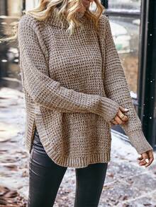 SHEIN LUNE Jersey de cuello alto con mangas raglán, jersey de punto de manga larga para otoño e invierno - Caqui - Ver 3