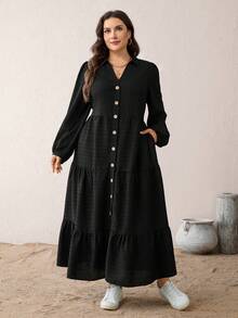 SHEIN Essnce Vestido negro de manga larga con cuello en V, ajustado, de tela texturizada, cómodo y suelto, para uso diario, para mujeres de talla grande, para otoño/invierno, con bolsillos, atuendos de otoño, trajes de iglesia - Negro - Ver 4
