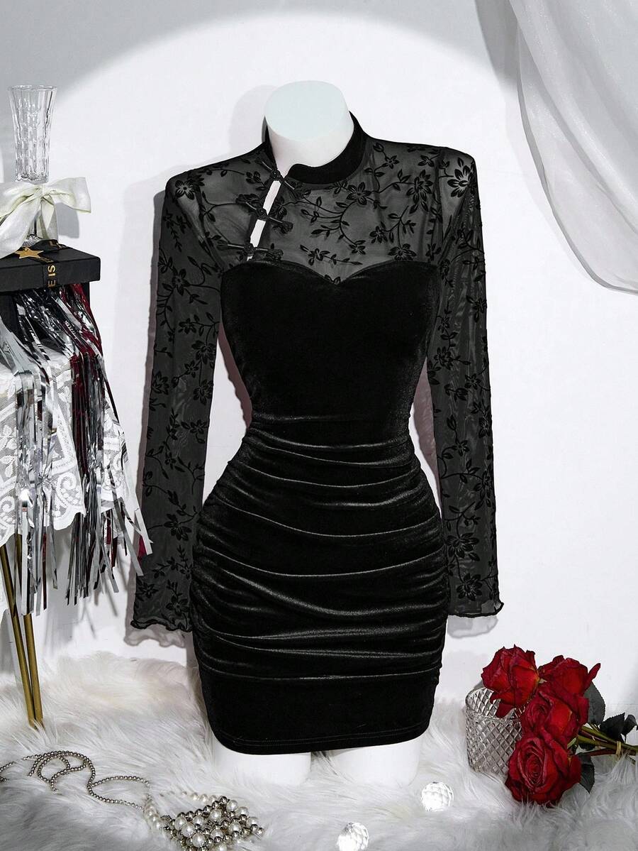 Elamini Vestido mini de mujer de terciopelo con patchwork y ajuste ceñido, estilo chino, adecuado para Navidad, otoño/invierno - Negro - Ver 1