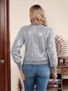 SHEIN LilyWest Áo len nữ màu trơn tay phồng đính sequin thời trang dự tiệc - Xám - Xem 2