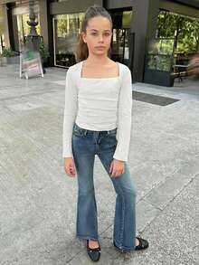 SHEIN Tween Girl Ruched Long Sleeve T-Shirt, Slit Cuffs, Waist Ruching, Square Neck T-Shirt, Autumn/Winter Top - White - View 5