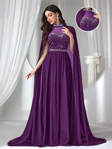 Coutiva 女士水钻和仿珍珠装饰正式晚礼服（重工装饰）紫色晚礼服披肩连衣裙紫色礼服紫罗兰色连衣裙女士晚礼服女士披肩连衣裙紫罗兰色正式礼服水钻装饰连衣裙长款紫色连衣裙装饰正式礼服女士正装 - 紫色 - 查看 4