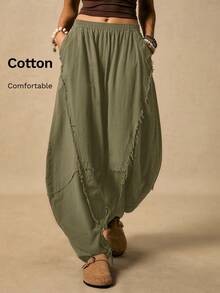 Easelle Women's Frayed Hem Military Green Knit Flare Pants Boho Pants For Women Harem Pants Women Loose Pants - Army Green - View 1