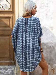 Brillora Tie Dye Batwing Sleeve Kimono Summer - Blue and White - View 2