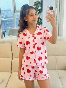 SLAYR 少女纯色爱心图案针织开衫和针织短裤两件套家居服套装，情人节 - 粉色 - 查看 1