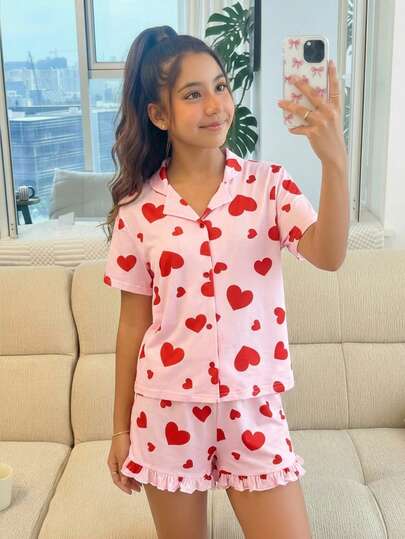 SLAYR Tween Girl Tween Girls Solid Heart Pattern Knit Cardigan And Knit Shorts 2-Piece Loungewear Set, Valentine's Day