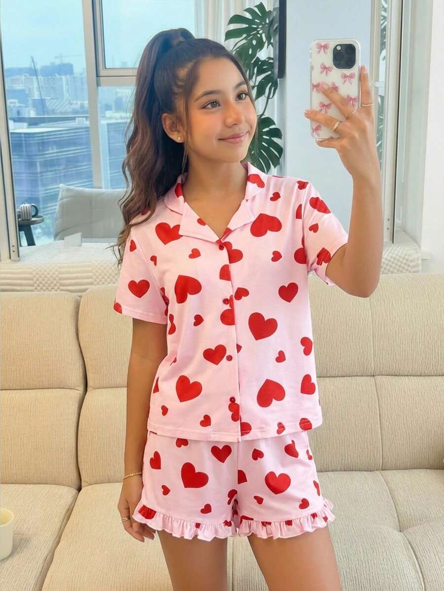 SLAYR 少女纯色爱心图案针织开衫和针织短裤两件套家居服套装，情人节 - 粉色 - 查看 1