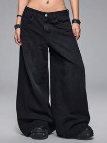 ROMWE Grunge Punk Quần jean ống đứng Punk Distressed Cross & Vine Washed Plus Size dành cho nữ - màu đen - Xem 3