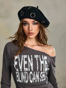 ROMWE Grunge Punk 1pc Punk Style Metal Ring Beret Hat, Spcial Designal Hat, Suitable For Daily Wear And Parties, All Seasons