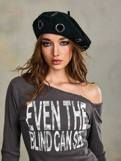 Grunge Punk 1pc Punk Style Metal Ring Beret Hat, Niche Design, Personalized Hat, Suitable For Daily Wear And Parties, All Seasons