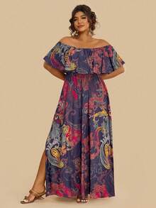 Travachic Gaun Maxi Ukuran Plus Motif Paisley Bohemian dengan Bahu Terbuka dan Hem Berkerut, Gaun Bunga Biru Tua untuk Wanita, Gaun Liburan Musim Panas Gaya Boho untuk Tamu Pernikahan - MultiWarna - View 4