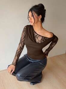 Siren Gaze Women's Lace Collar Fitted T-Shirt, Elegant Ladies Top, Autumn/Winter Spring Casual Brown Dark Brown Top - Coffee Brown - View 5