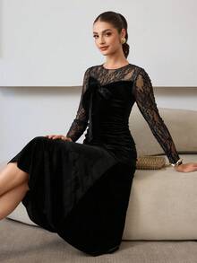 Modelyn Robe femme sexy en patchwork de dentelle noire et velours avec taille cintrée - Noir - Voir 6