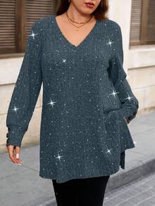 EMERY ROSE Blusa casual y cómoda de manga larga con cuello en V, botones decorativos y estampado de salpicaduras de polvo en unicolor y acanalado para mujer de talla grande - Celeste - Ver 6
