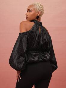 Vixey Rhinestone Embellished Organza Cold Shoulder Balloon Sleeve & Hem Scarf Top - Black - View 5