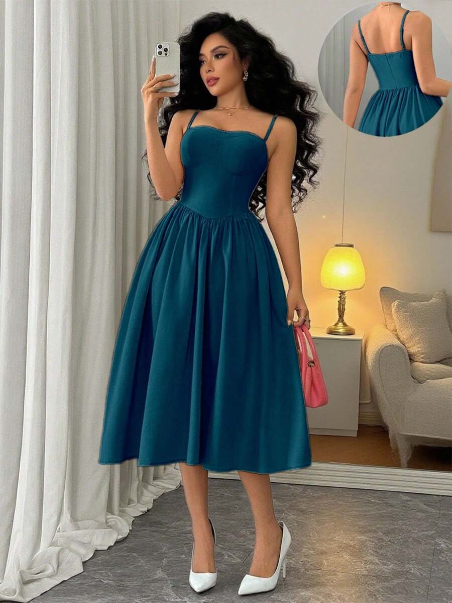 Rafferiza 时尚百搭约会派对吊带喇叭连衣裙，适合秋冬季女性 - 湖藍色 - 查看 1