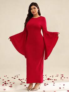 Auralis Đầm dài tay dáng ôm, cổ tròn, tay bồng rộng, co giãn, dành cho nữ, thích hợp cho mùa xuân, hè, thu, đông, thanh lịch, thường ngày, kiểu dáng mới, phù hợp cho kỳ nghỉ. - Đỏ - Xem 6