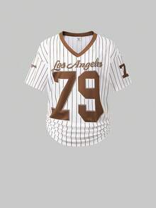 SHEIN ChillGRL 2pcs/Set Casual Fashion Teenage Girls Number Graphic V-Neck Short Sleeve Top And Wide Leg Sweatpants Set - Brown - View 3