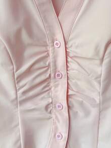 SHEIN قميص بأكمام طويلة مطوي الياقة مناسب للفتيات المراهقات، بأسلوب كاجوال وأنيق، مزين بأزرار أمامية، مناسب للعودة إلى المدرسة والمنزل والخروجات والحفلات وأكثر - وردي فاتح - مشاهدة 5